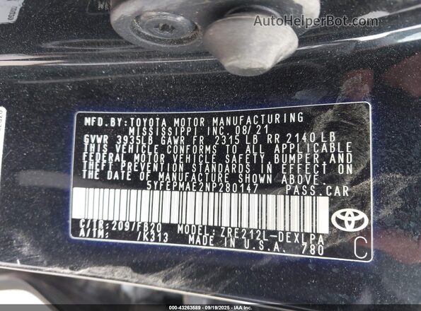 5YFEPMAE2NP280147 2022 TOYOTA LL Black ძრავის განყოფილების ხედი