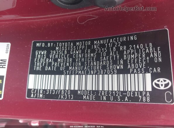 5YFEPMAE3NP387059 2022 TOYOTA LL Red Շարժիչի բաժամունքի տեսք