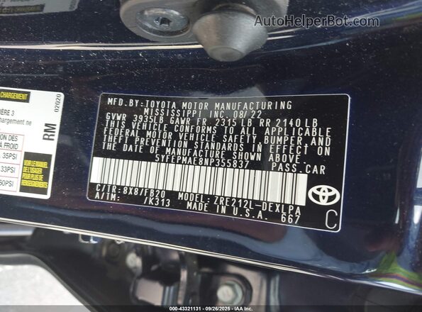 5YFEPMAE8NP355837 2022 TOYOTA LL Blue Շարժիչի բաժամունքի տեսք