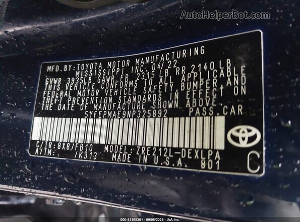 5YFEPMAE9NP325892 2022 TOYOTA LL Black Engine compartment view