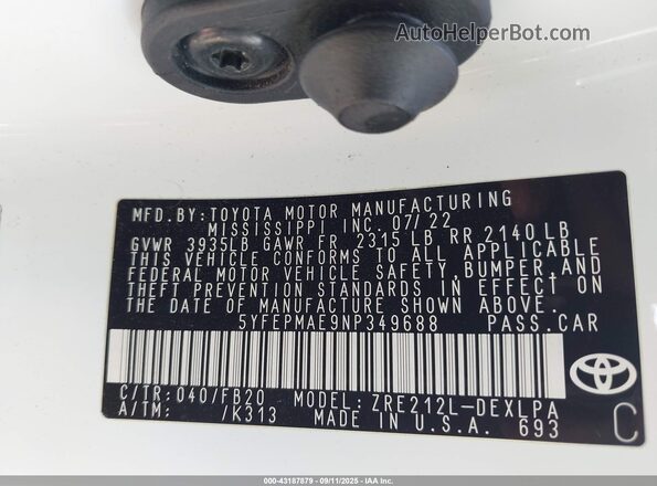 5YFEPMAE9NP349688 2022 TOYOTA LL Белый Вид подкапотного пространства