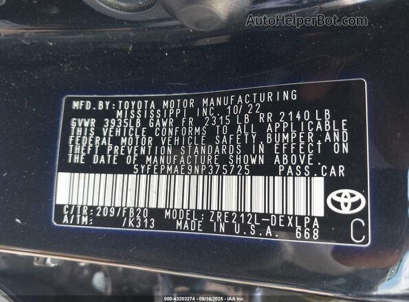 5YFEPMAE9NP375725 2022 TOYOTA LL Black ძრავის განყოფილების ხედი