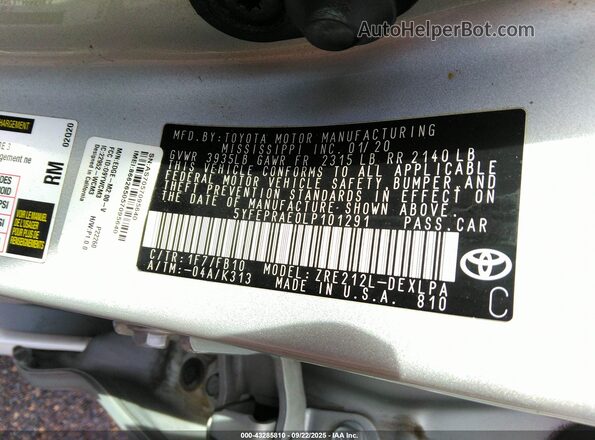 5YFEPRAE0LP101291 2020 TOYOTA LL Silver Engine compartment view