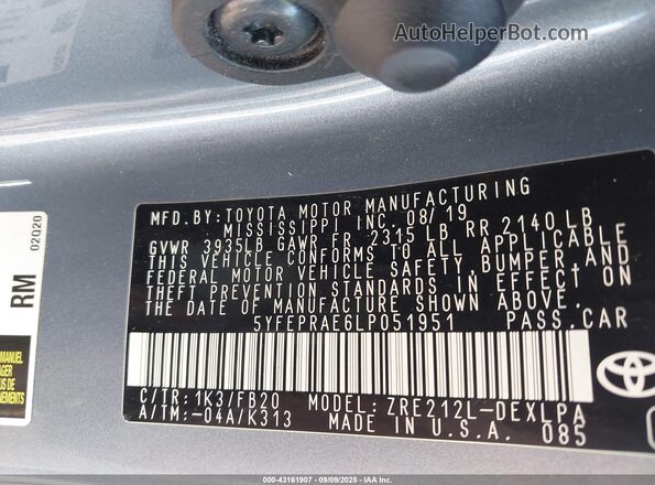 5YFEPRAE6LP051951 2020 TOYOTA LL Light Blue Вид підкапотного простору