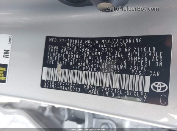 5YFEPRAE8LP137522 2020 TOYOTA LL Silver Engine compartment view