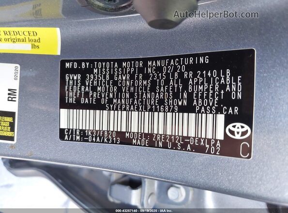 5YFEPRAEXLP116879 2020 TOYOTA LL Серебряный Вид подкапотного пространства