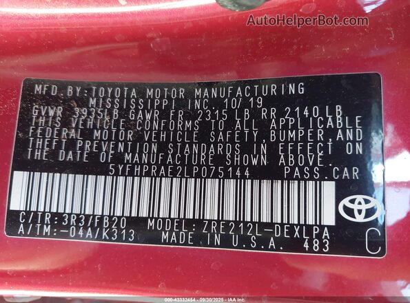 5YFHPRAE2LP075144 2020 TOYOTA LL Red ძრავის განყოფილების ხედი