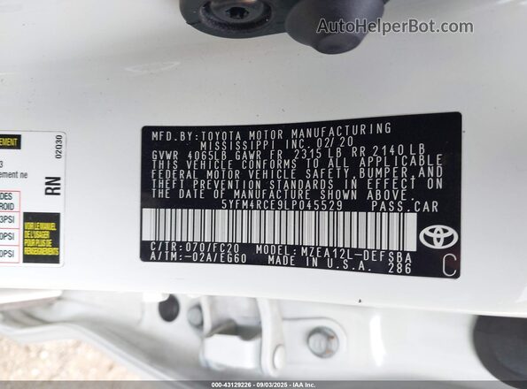 5YFM4RCE9LP045529 2020 TOYOTA LL White Engine compartment view