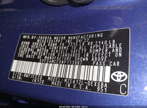 5YFS4MCE0NP113987 2022 TOYOTA LL Blue Vista del compartimento del motor