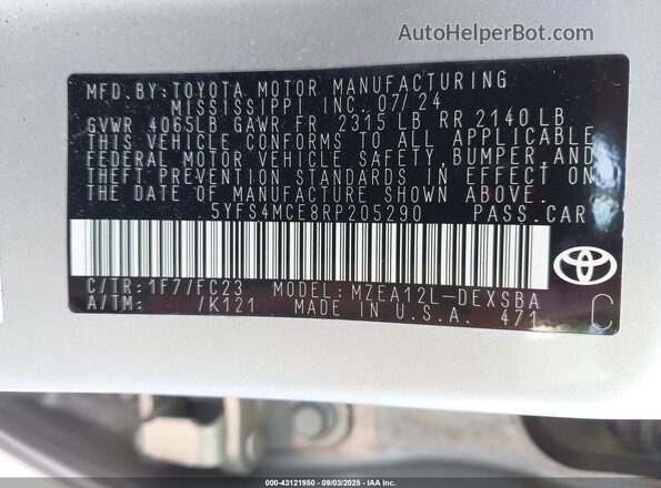 5YFS4MCE8RP205290 2024 TOYOTA LL Silver ძრავის განყოფილების ხედი