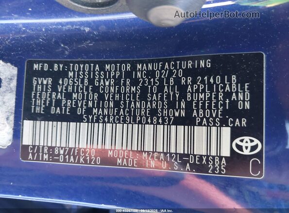 5YFS4RCE9LP048437 2020 TOYOTA LL Синий Вид подкапотного пространства
