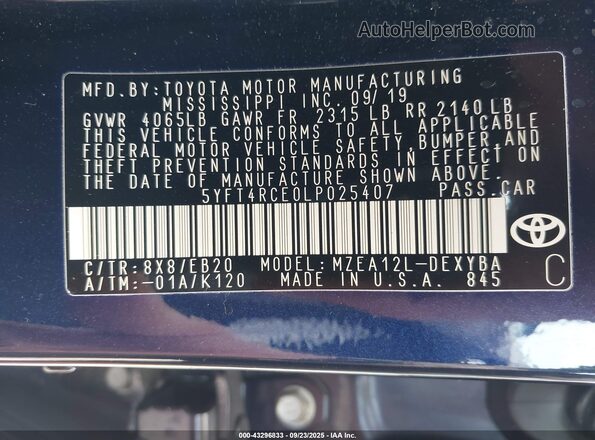 5YFT4RCE0LP025407 2020 TOYOTA LL Dark Blue Engine compartment view