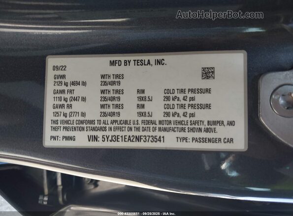 5YJ3E1EA2NF373541 2022 TESLA MODEL 3 Gray ძრავის განყოფილების ხედი