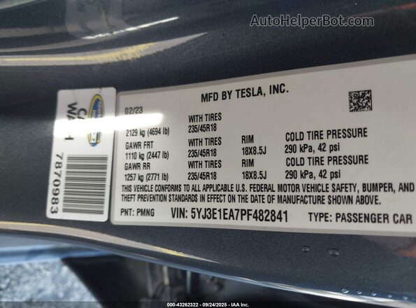 5YJ3E1EA7PF482841 2023 TESLA MODEL 3 Gray 