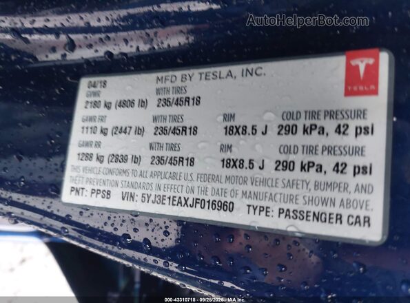 5YJ3E1EAXJF016960 2018 TESLA MODEL 3 Blue 