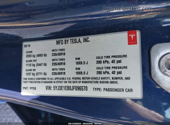 5YJ3E1EB0JF096570 2018 TESLA MODEL 3 Blue Շարժիչի բաժամունքի տեսք