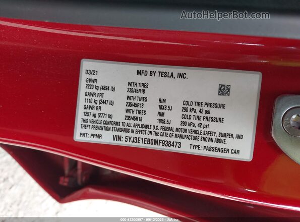 5YJ3E1EB0MF938473 2021 TESLA MODEL 3 Red ძრავის განყოფილების ხედი
