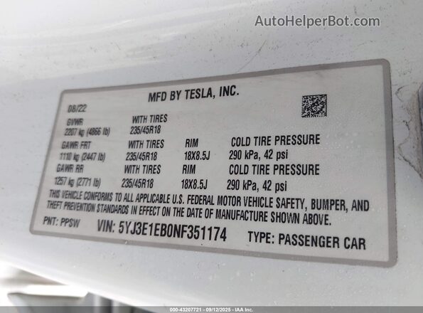 5YJ3E1EB0NF351174 2022 TESLA MODEL 3 Белый Вид подкапотного пространства