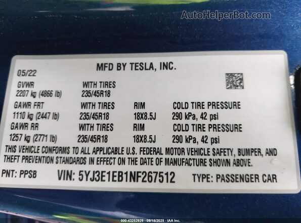 5YJ3E1EB1NF267512 2022 TESLA MODEL 3 Blue Вид підкапотного простору