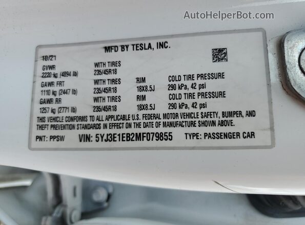 5YJ3E1EB2MF079855 2021 TESLA MODEL White Вид підкапотного простору