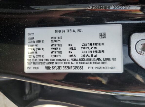 5YJ3E1EB2MF989988 2021 TESLA MODEL Black Widok komory silnika