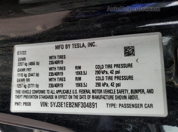 5YJ3E1EB2NF304891 2022 TESLA MODEL Black 
