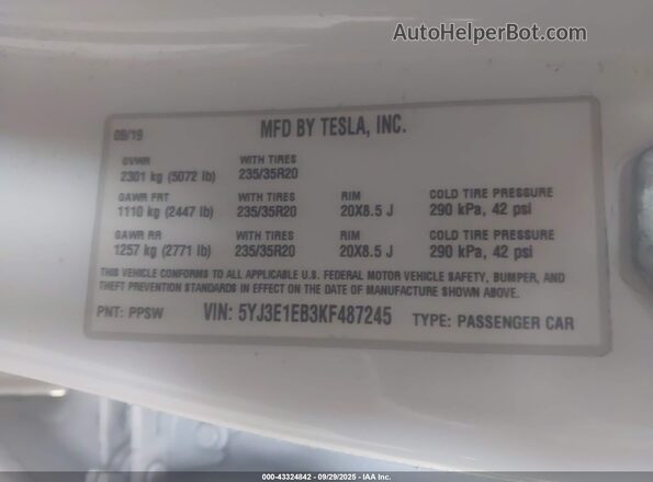 5YJ3E1EB3KF487245 2019 TESLA MODEL 3 White Widok komory silnika