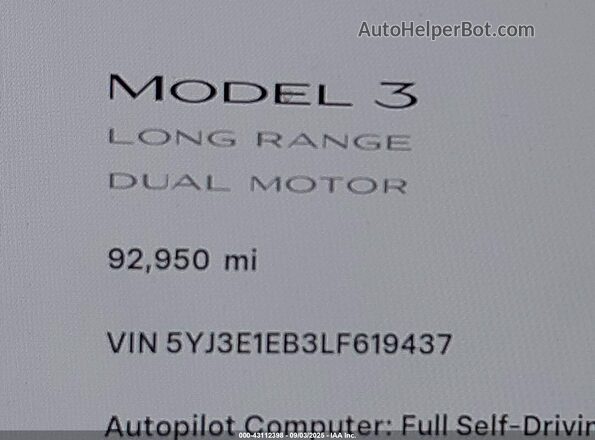 5YJ3E1EB3LF619437 2020 TESLA MODEL 3 Белый 