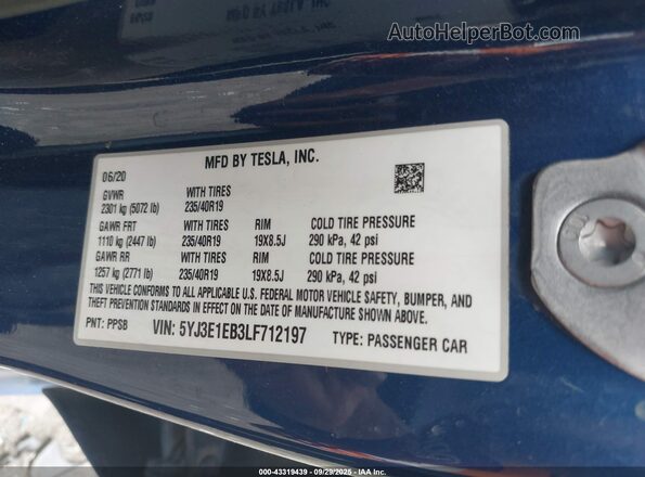 5YJ3E1EB3LF712197 2020 TESLA MODEL 3 Синий Вид подкапотного пространства