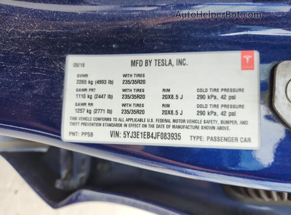 5YJ3E1EB4JF083935 2018 TESLA MODEL Blue 