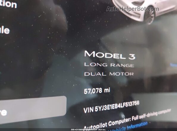 5YJ3E1EB4LF513756 2020 TESLA MODEL 3 Белый 