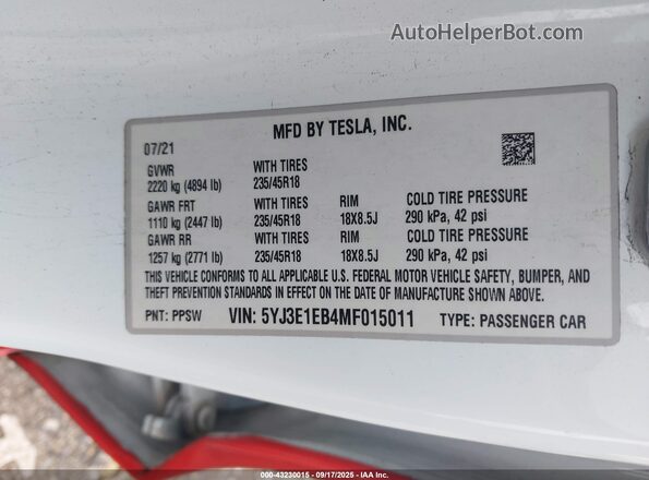 5YJ3E1EB4MF015011 2021 TESLA MODEL 3 Red Շարժիչի բաժամունքի տեսք
