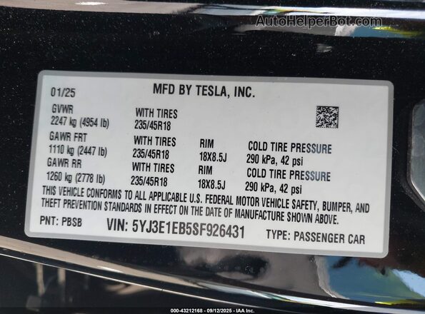 5YJ3E1EB5SF926431 2025 TESLA MODEL 3 Black Widok komory silnika
