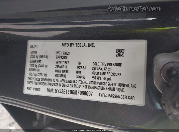 5YJ3E1EB6MF988097 2021 TESLA MODEL 3 Gray Շարժիչի բաժամունքի տեսք