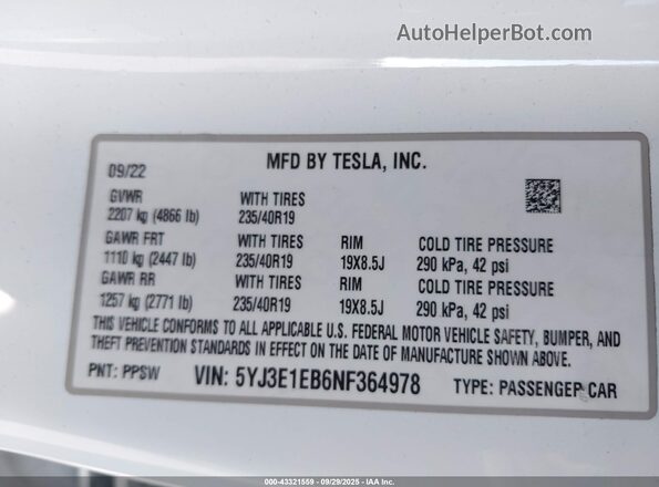 5YJ3E1EB6NF364978 2022 TESLA MODEL 3 White ძრავის განყოფილების ხედი