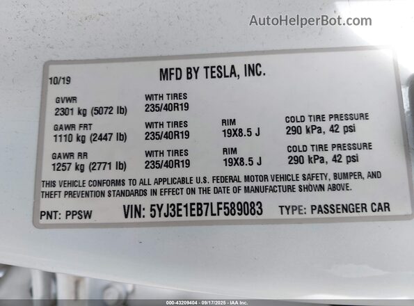 5YJ3E1EB7LF589083 2020 TESLA MODEL 3 Белый Вид подкапотного пространства