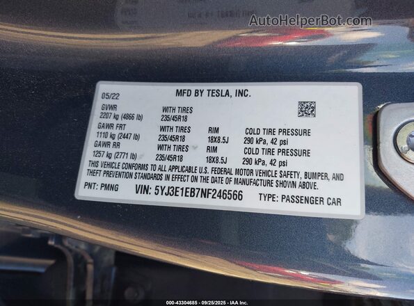 5YJ3E1EB7NF246566 2022 TESLA MODEL 3 Gray ძრავის განყოფილების ხედი