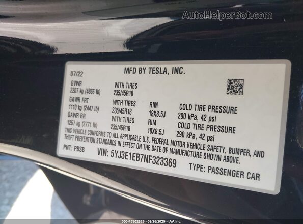 5YJ3E1EB7NF323369 2022 TESLA MODEL 3 Black Вид підкапотного простору