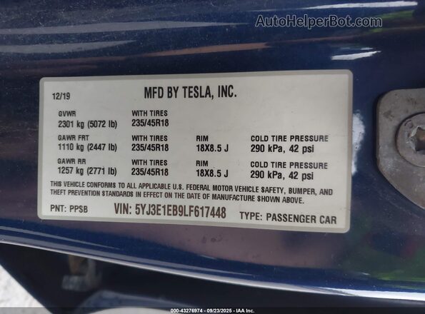 5YJ3E1EB9LF617448 2020 TESLA MODEL 3 Синий Вид подкапотного пространства