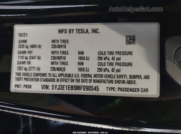 5YJ3E1EB9MF090545 2021 TESLA MODEL 3 Black Շարժիչի բաժամունքի տեսք