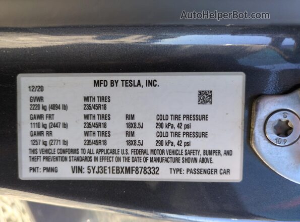 5YJ3E1EBXMF878332 2021 TESLA MODEL Charcoal Vista del compartimento del motor