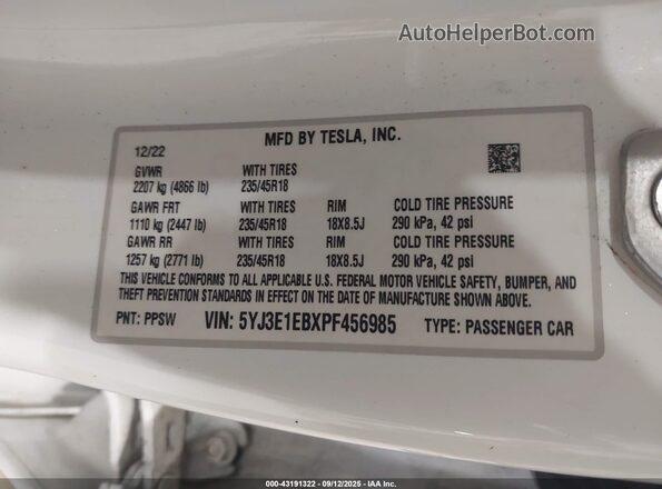 5YJ3E1EBXPF456985 2023 TESLA MODEL 3 White Շարժիչի բաժամունքի տեսք
