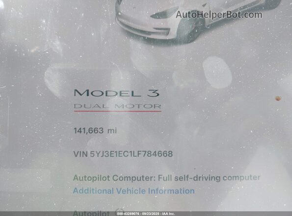 5YJ3E1EC1LF784668 2020 TESLA MODEL 3 White 