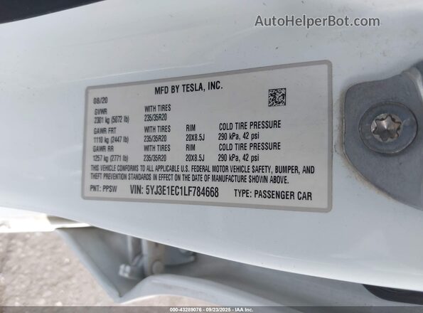 5YJ3E1EC1LF784668 2020 TESLA MODEL 3 White Շարժիչի բաժամունքի տեսք