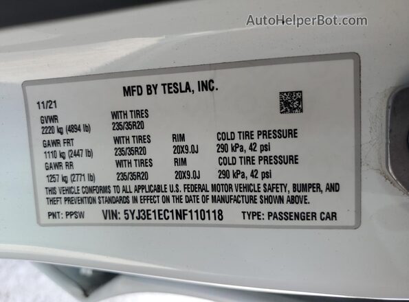 5YJ3E1EC1NF110118 2022 TESLA MODEL Белый Вид наклейки с VIN-кодом