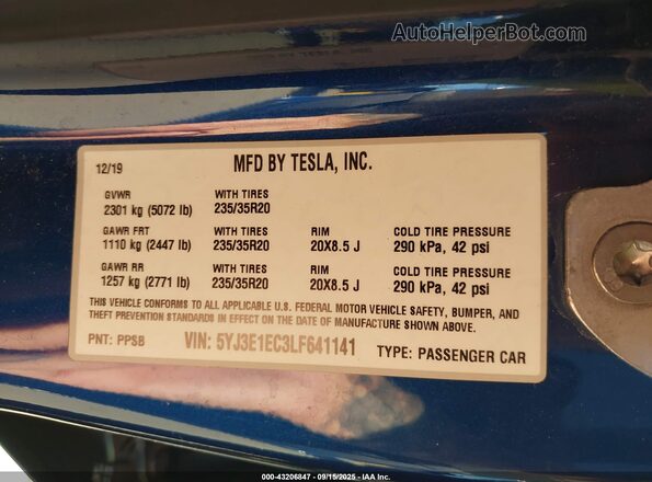 5YJ3E1EC3LF641141 2020 TESLA MODEL 3 Blue Engine compartment view