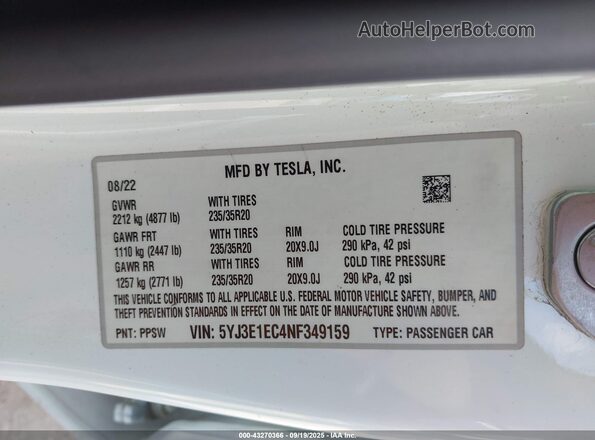 5YJ3E1EC4NF349159 2022 TESLA MODEL 3 White Engine compartment view