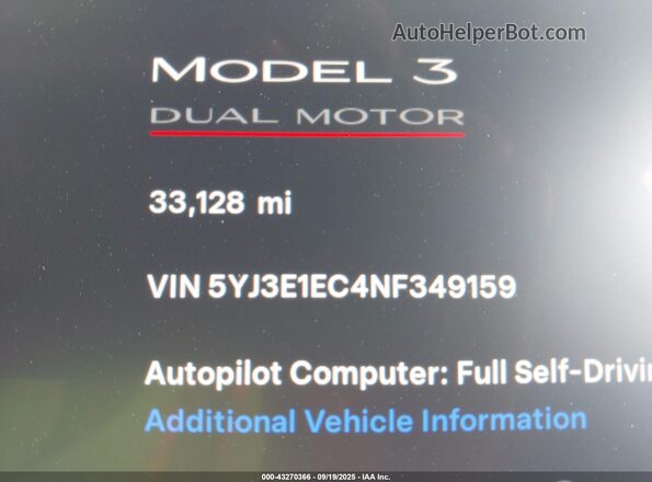 5YJ3E1EC4NF349159 2022 TESLA MODEL 3 White 