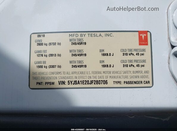 5YJSA1E20JF280706 2018 TESLA MODEL S White Widok komory silnika