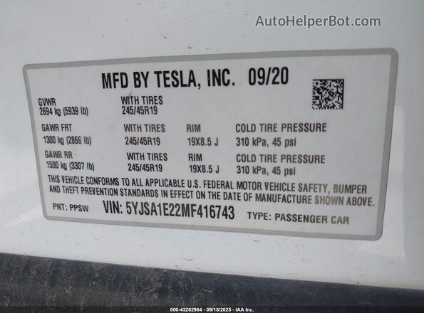 5YJSA1E22MF416743 2021 TESLA MODEL S White 